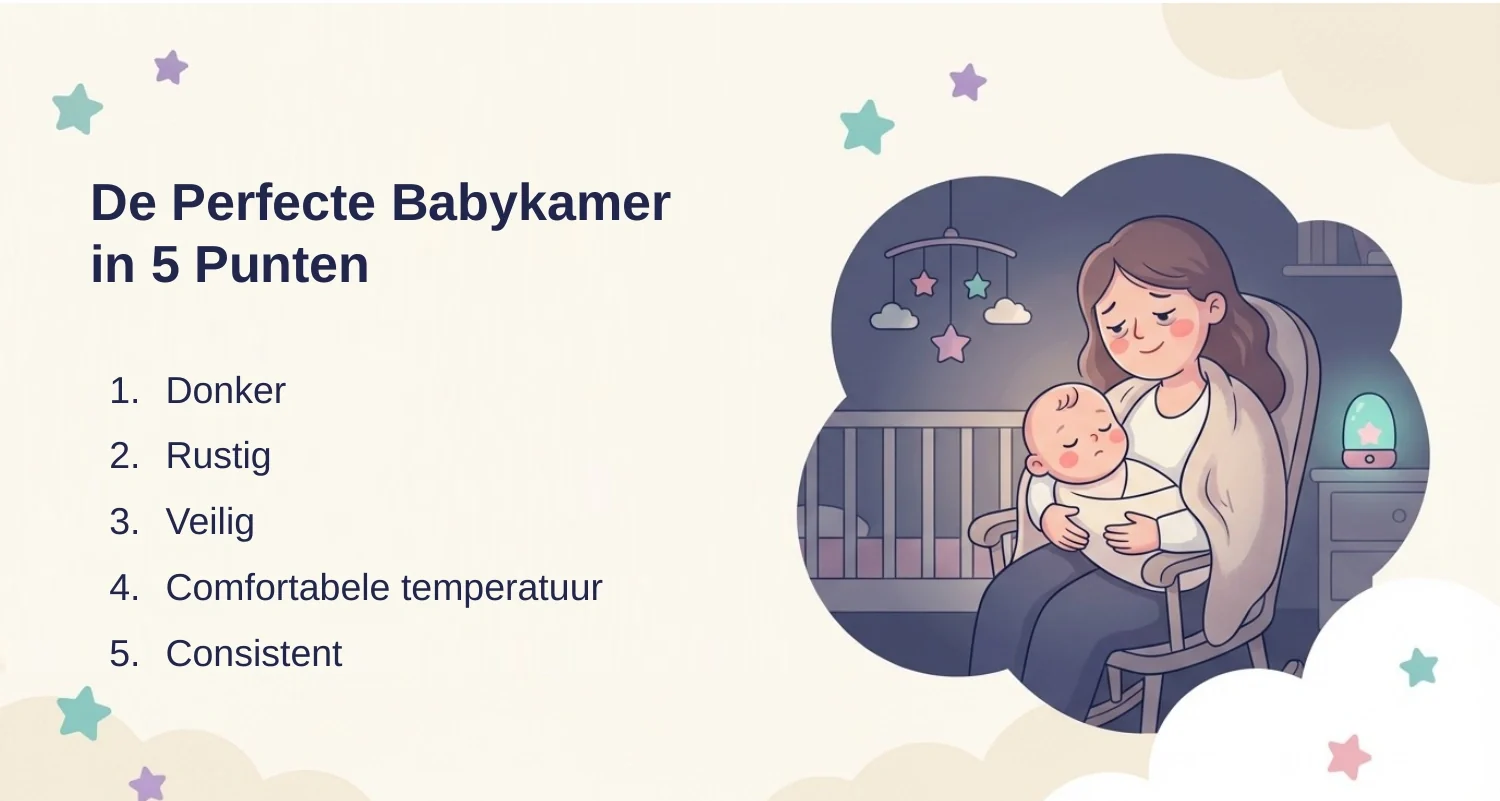 Slide uit de cursus met de vijf punten voor de perfecte babykamer: een veilig leeg bedje, slapen op de rug, de juiste temperatuur, een donkere kamer en witte ruis.