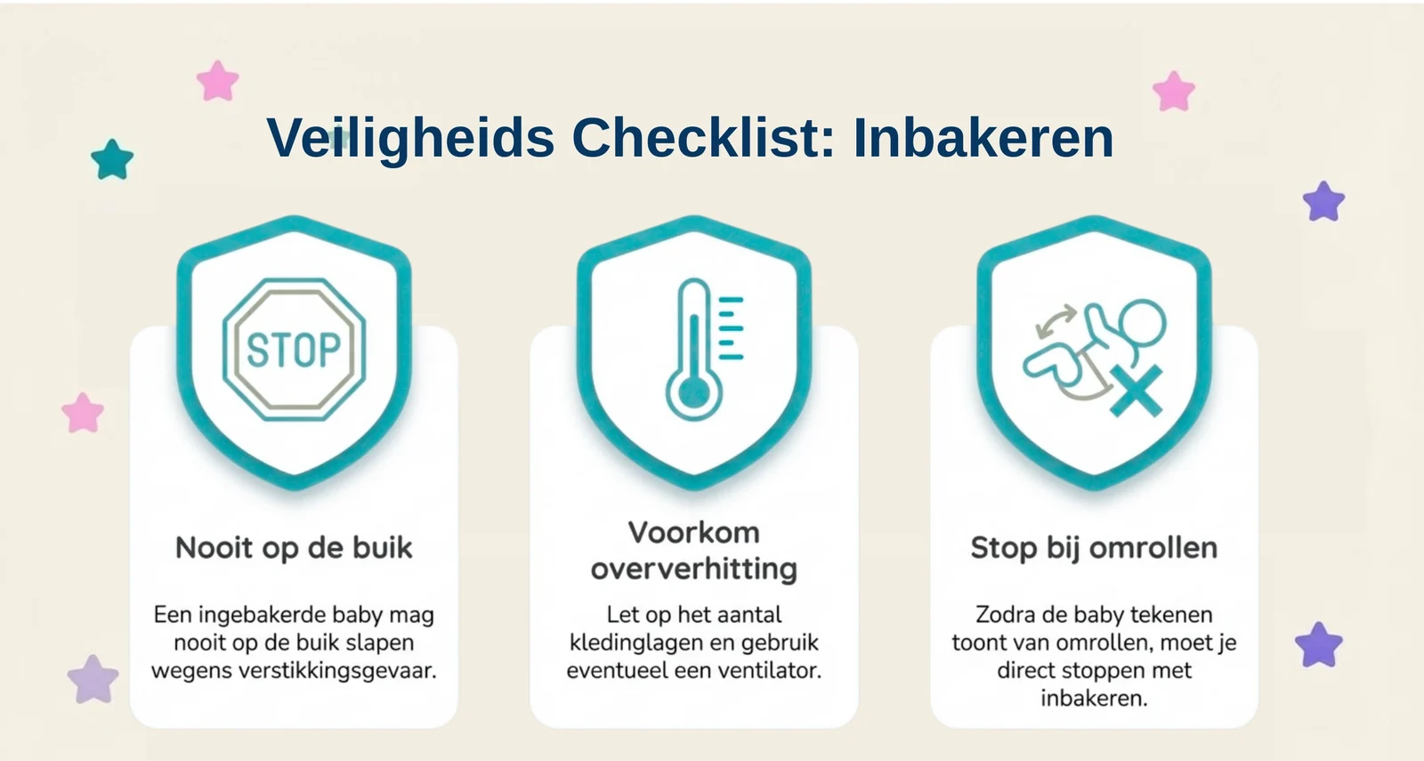Veiligheidschecklist inbakeren met drie punten: nooit op de buik wegens verstikkingsgevaar, oververhitting voorkomen door op kledinglagen te letten, en stoppen zodra de baby tekenen van omrollen laat zien.