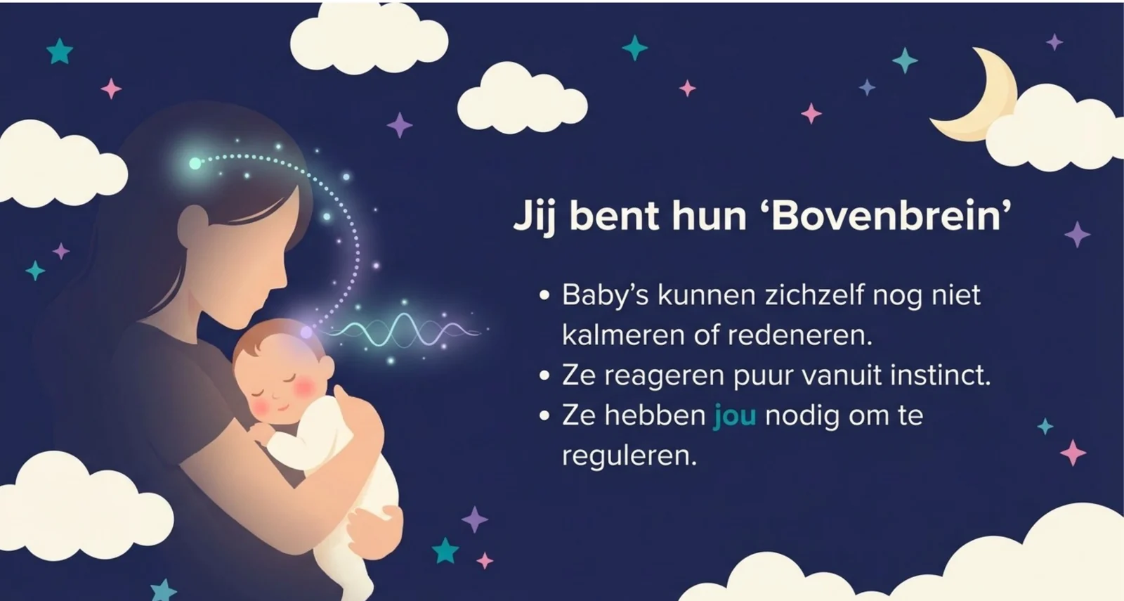 Jij bent hun bovenbrein. Een ouder houdt een slapende baby vast, met daarnaast drie punten: baby s kunnen zichzelf nog niet kalmeren of redeneren, ze reageren puur vanuit instinct, en ze hebben jou nodig om te reguleren.
