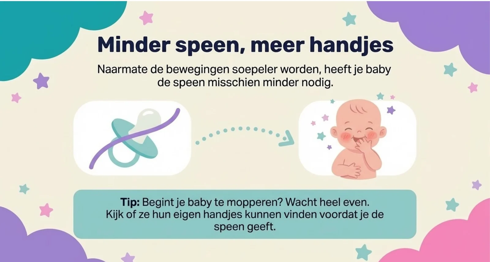 Minder speen, meer handjes. Links een doorgestreepte speen, rechts een lachende baby die op haar handjes sabbelt, met een stippellijn ertussen. De tip onderaan: begint je baby te mopperen, wacht dan heel even en kijk of ze hun eigen handjes kunnen vinden voordat je de speen geeft.