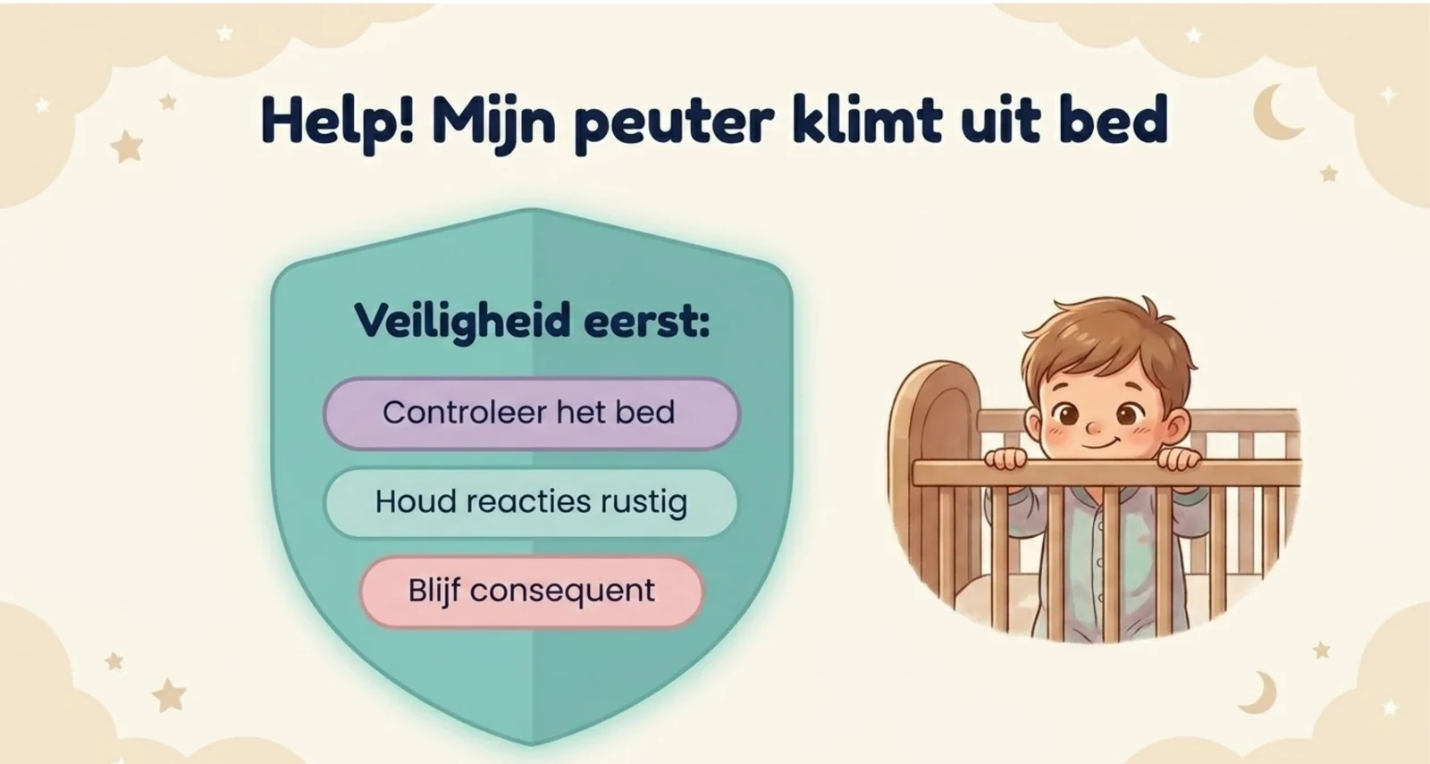 Slide uit de cursus over de peuter die uit bed klimt, met veiligheid als eerste stap voordat je aan de gewoonte werkt.