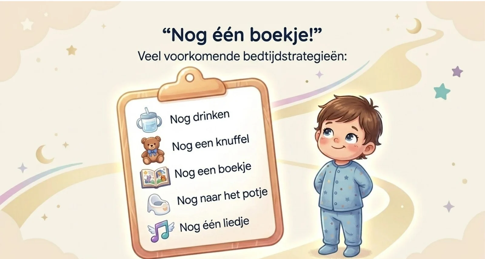 Slide uit de cursus over het moment “nog één boekje”, met de meest voorkomende bedtijdstrategieën van een peuter op een rij.