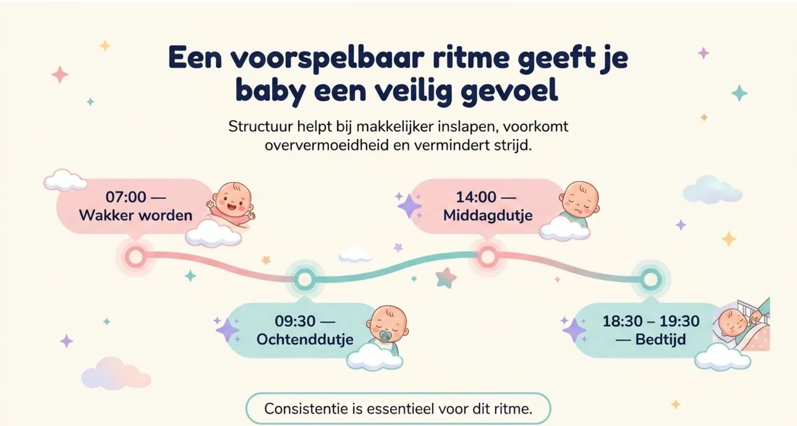Slide uit de cursus met de dag van een baby van 9 tot 12 maanden op een tijdlijn: om 07:00 wakker worden, om 09:30 het ochtenddutje, om 14:00 het middagdutje, en bedtijd tussen 18:30 en 19:30, met de aantekening dat consistentie essentieel is.