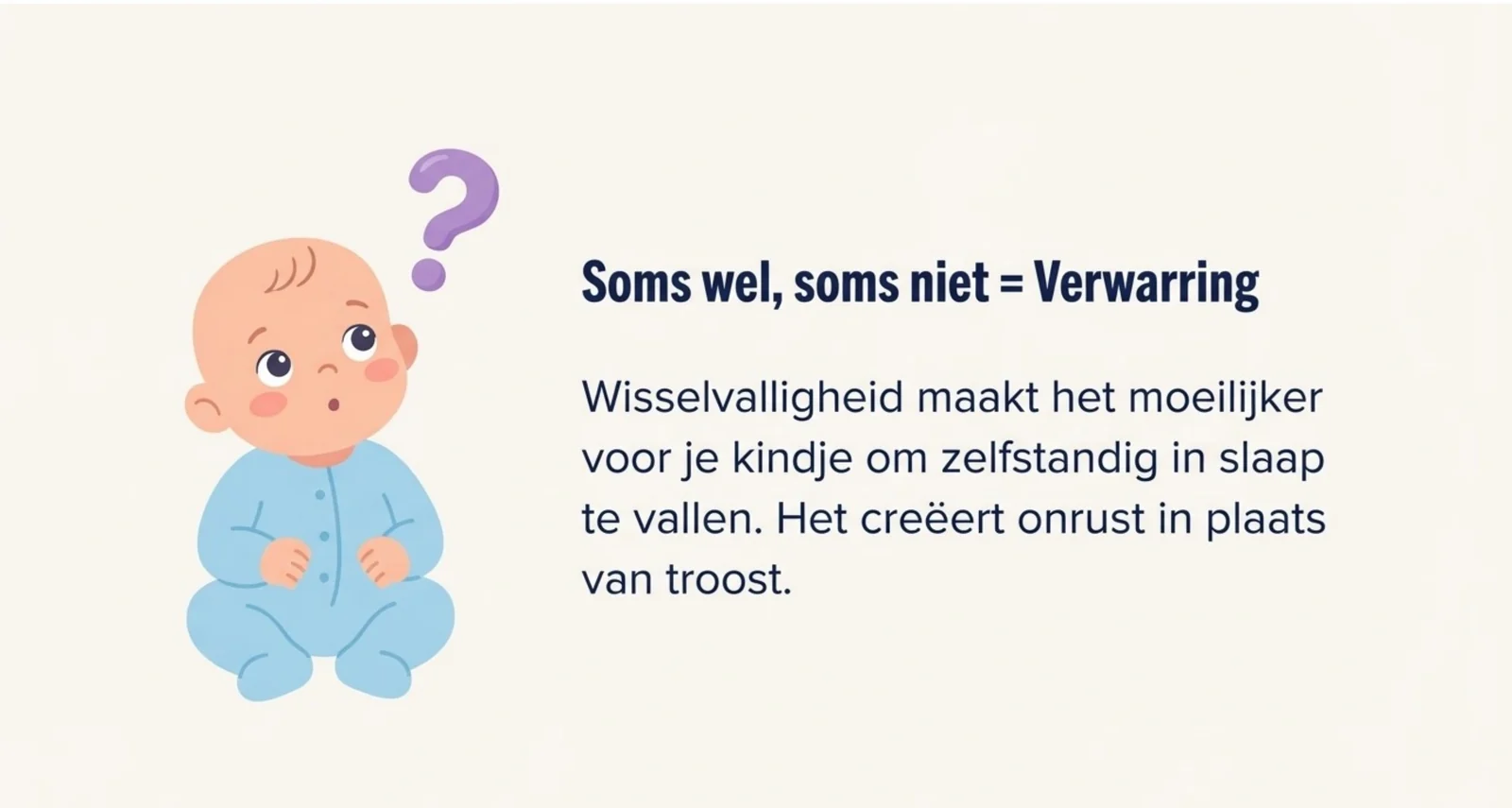 Soms wel, soms niet staat gelijk aan verwarring. Een baby kijkt met een vragende blik omhoog met een groot vraagteken boven zijn hoofd. Wisselvalligheid maakt het moeilijker om zelfstandig in slaap te vallen, omdat het onrust creëert in plaats van troost.