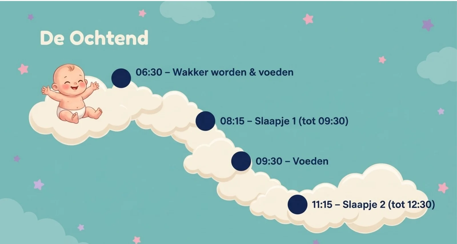 Slide uit de cursus met het ochtendschema voor 4 maanden: 06:30 wakker worden en voeden, 08:15 slaapje 1 tot 09:30, 09:30 voeden, 11:15 slaapje 2 tot 12:30.