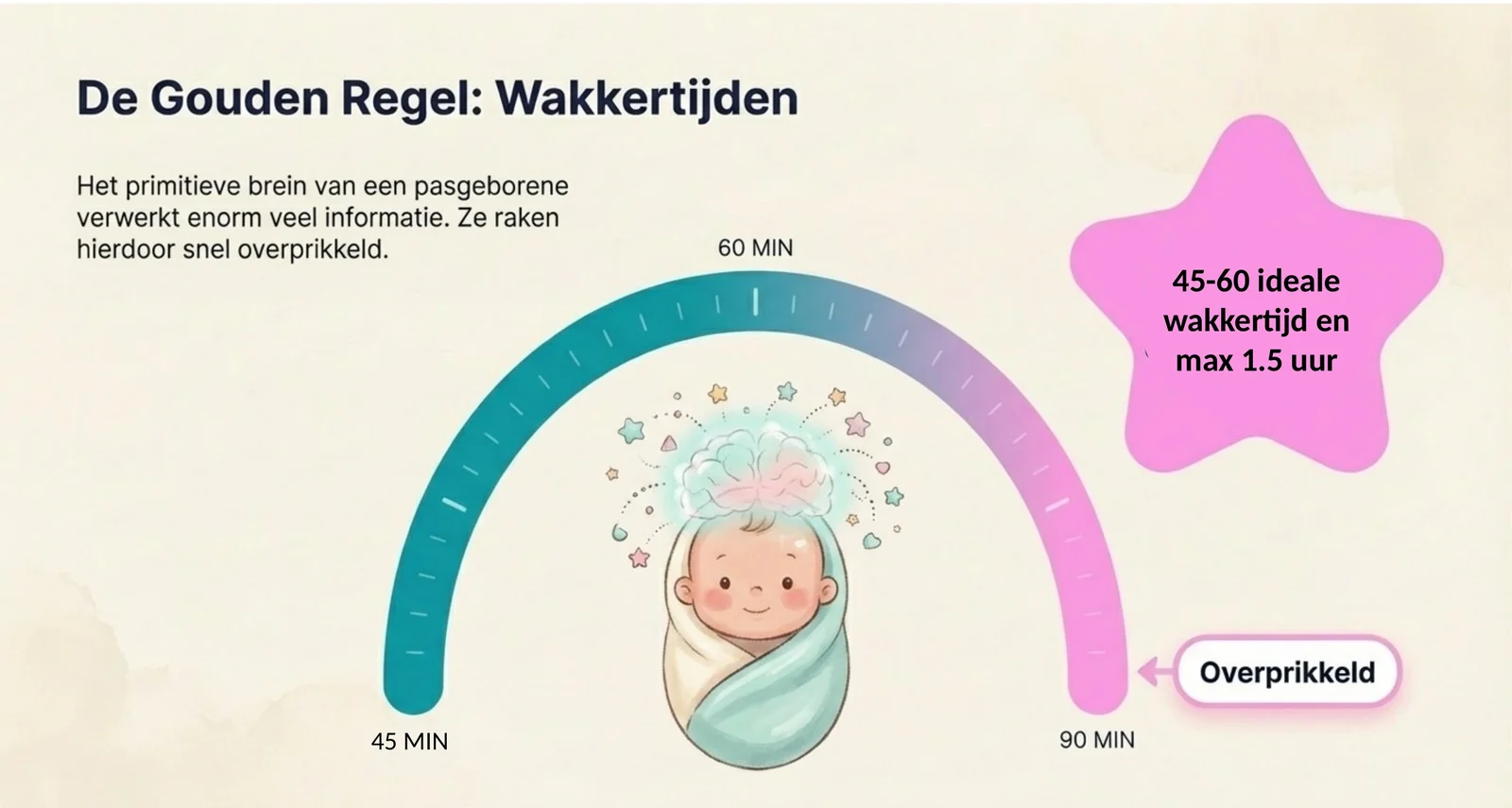 Slide uit de cursus over de gouden regel van de wakkertijden bij een pasgeborene: een tijdsbalk van 45 naar 90 minuten, met 45 tot 60 minuten als ideale wakkertijd en maximaal anderhalf uur voordat ze overprikkeld raakt.